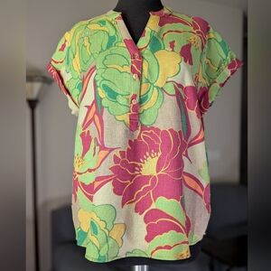 Tropical Floral Short-Sleeve Blouse in Pink, Green & Yellow